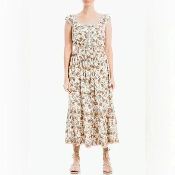 MAX STUDIO - Floral Smocked Maxi Dress Orange and Blue Print Size Small - Picture 4 of 5